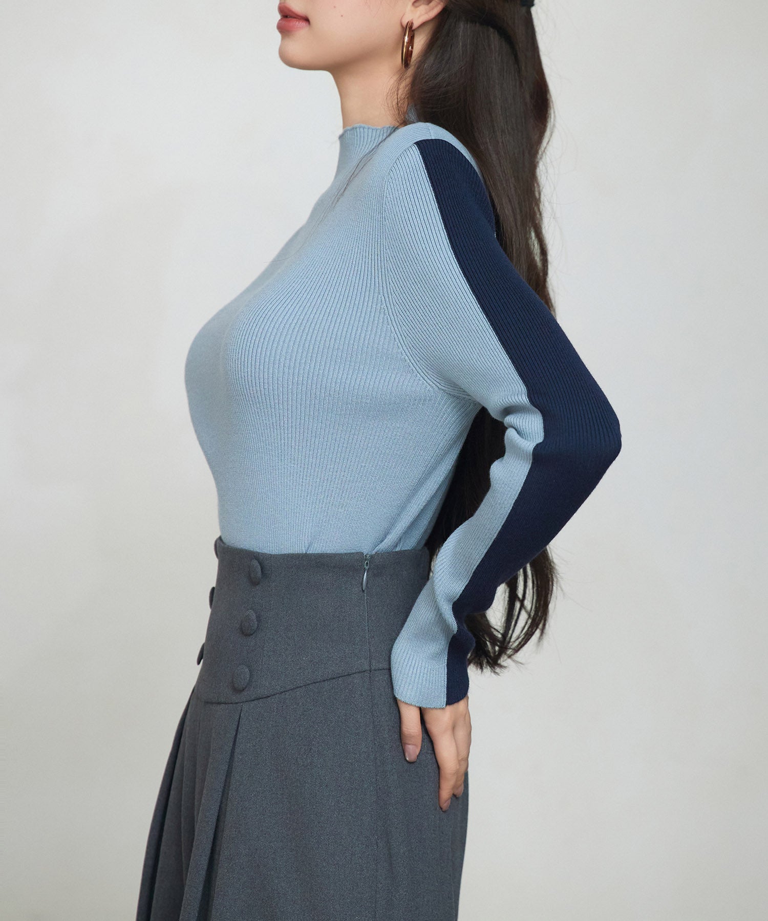 袖配色 ボトル・ネックリブニットプルオーバーsdp8075 ブルーグレー