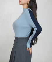 袖配色 ボトル・ネックリブニットプルオーバーsdp8075 ブルーグレー