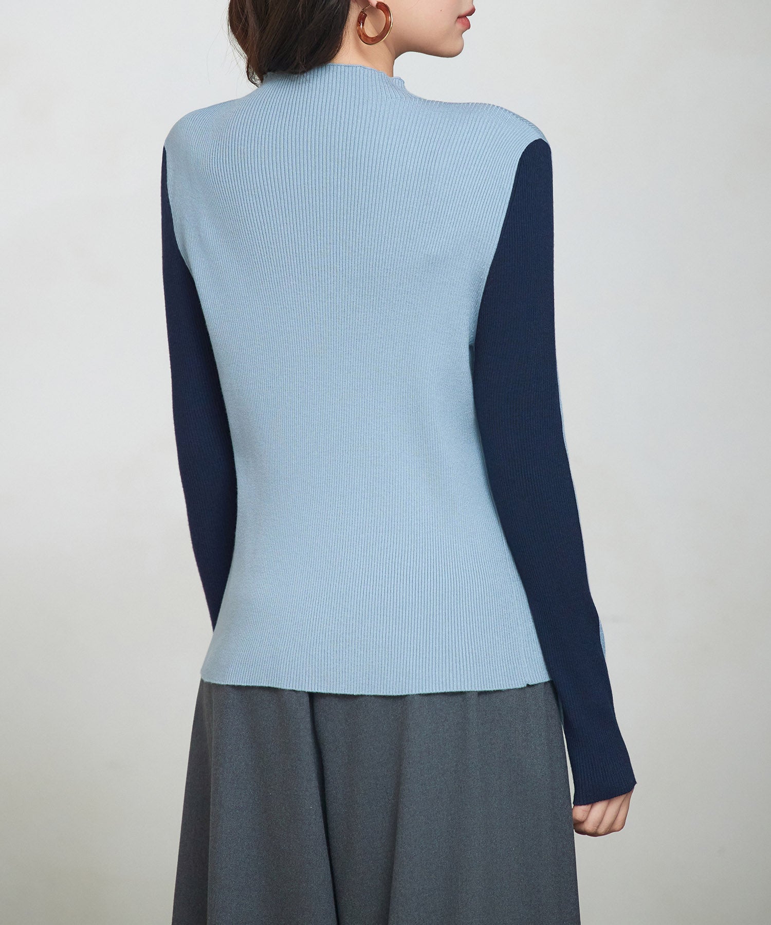 袖配色 ボトル・ネックリブニットプルオーバーsdp8075 ブルーグレー