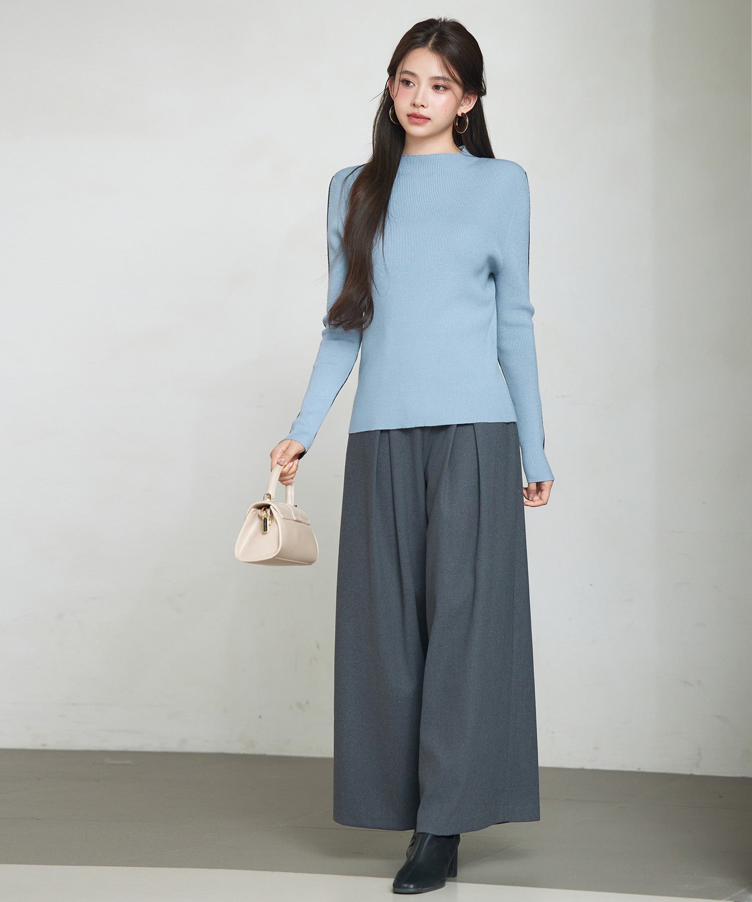 袖配色 ボトル・ネックリブニットプルオーバーsdp8075 ブルーグレー