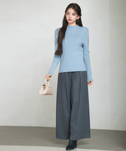 袖配色 ボトル・ネックリブニットプルオーバーsdp8075 ブルーグレー