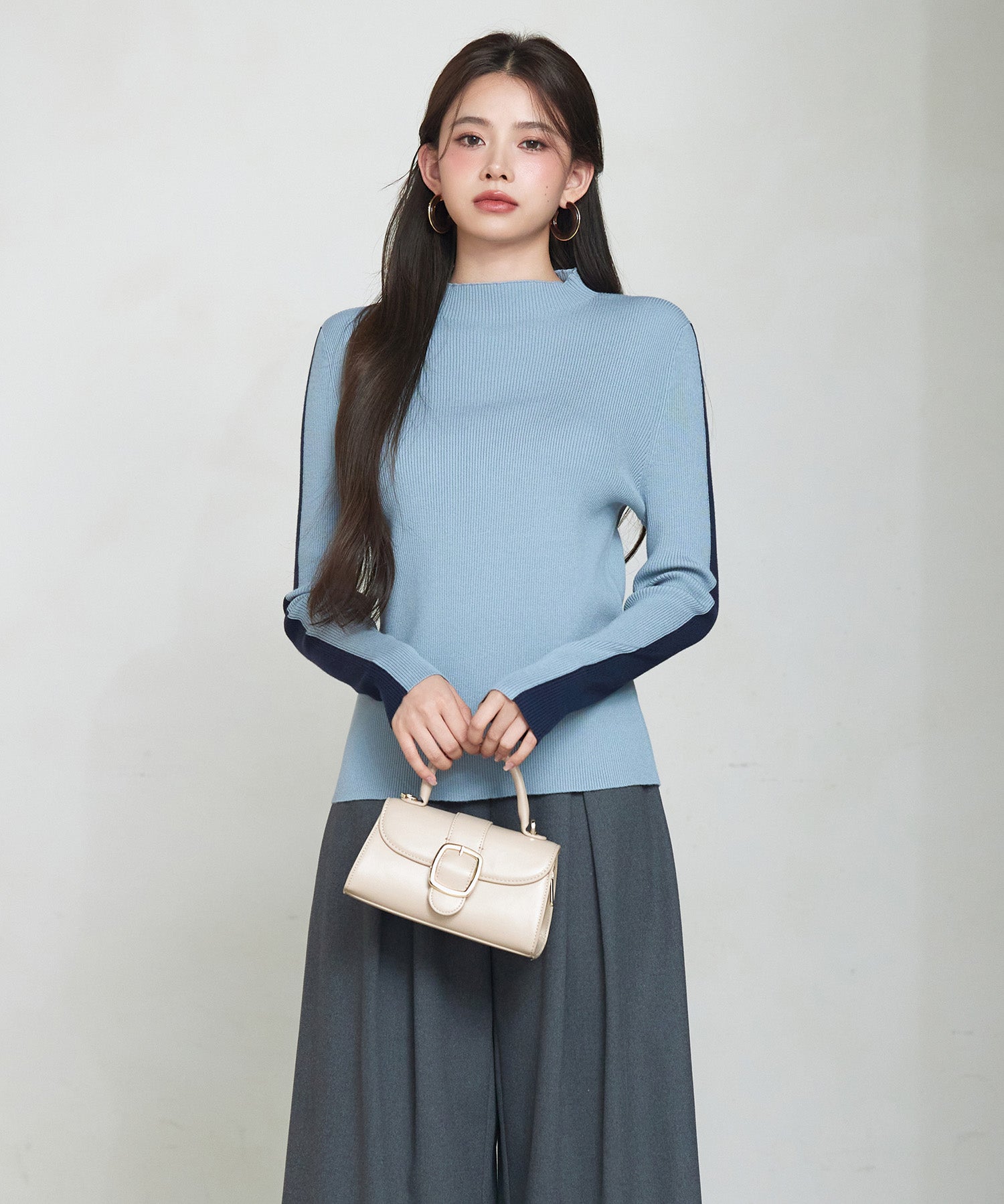 袖配色 ボトル・ネックリブニットプルオーバーsdp8075 ブルーグレー