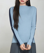 袖配色 ボトル・ネックリブニットプルオーバーsdp8075 ブルーグレー