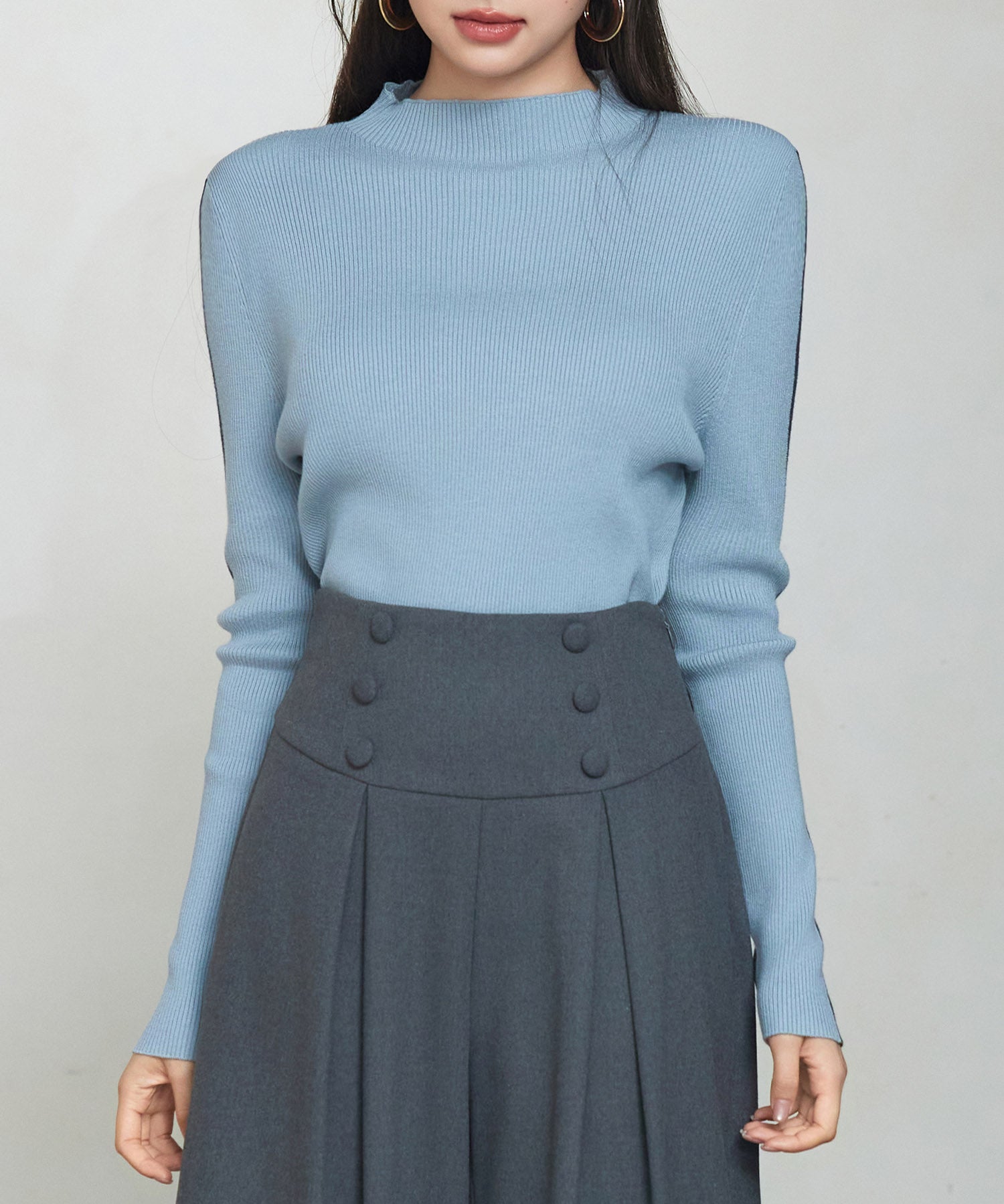 袖配色 ボトル・ネックリブニットプルオーバーsdp8075 ブルーグレー