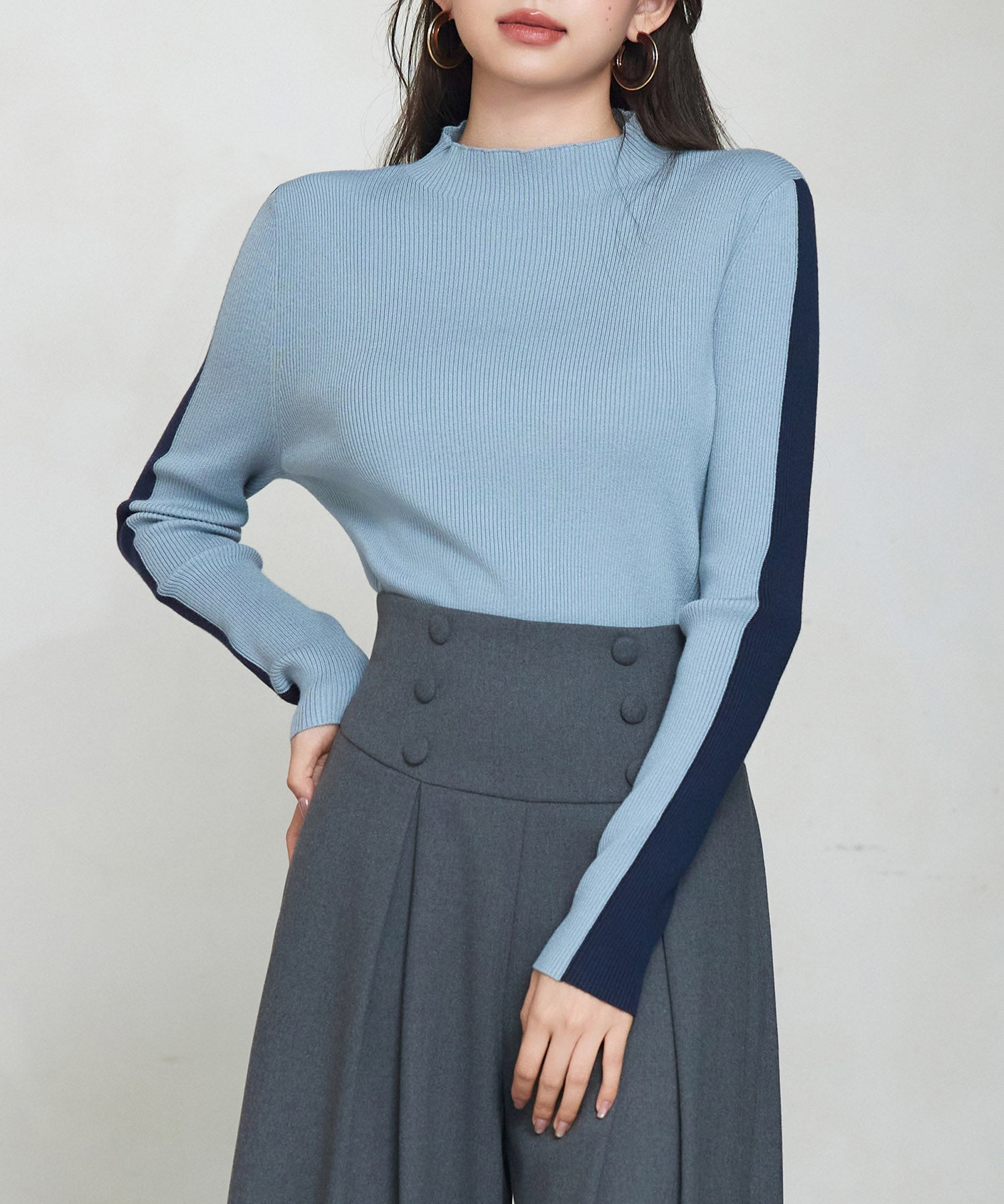 袖配色 ボトル・ネックリブニットプルオーバーsdp8075 ブルーグレー