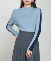 袖配色 ボトル・ネックリブニットプルオーバーsdp8075 ブルーグレー