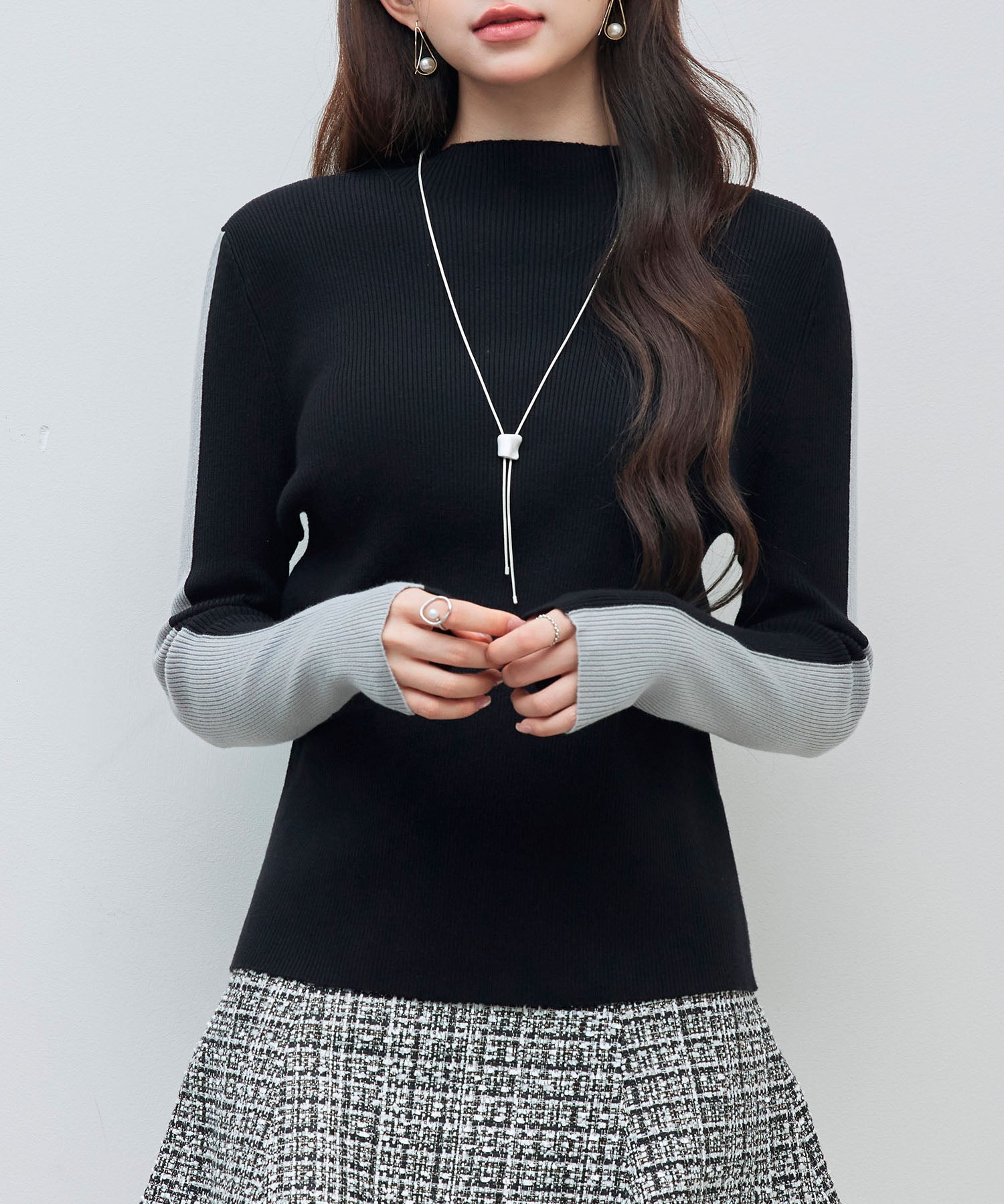 袖配色 ボトル・ネックリブニットプルオーバーsdp8075-102-8