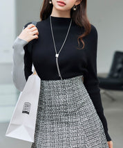 袖配色 ボトル・ネックリブニットプルオーバーsdp8075 ブラック