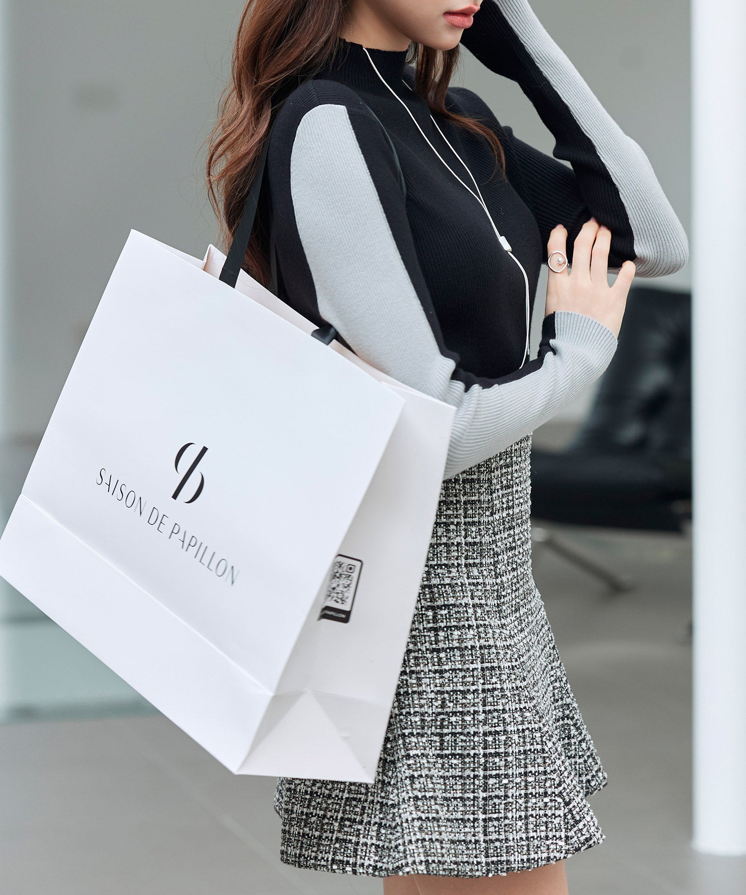 袖配色 ボトル・ネックリブニットプルオーバーsdp8075 ブラック