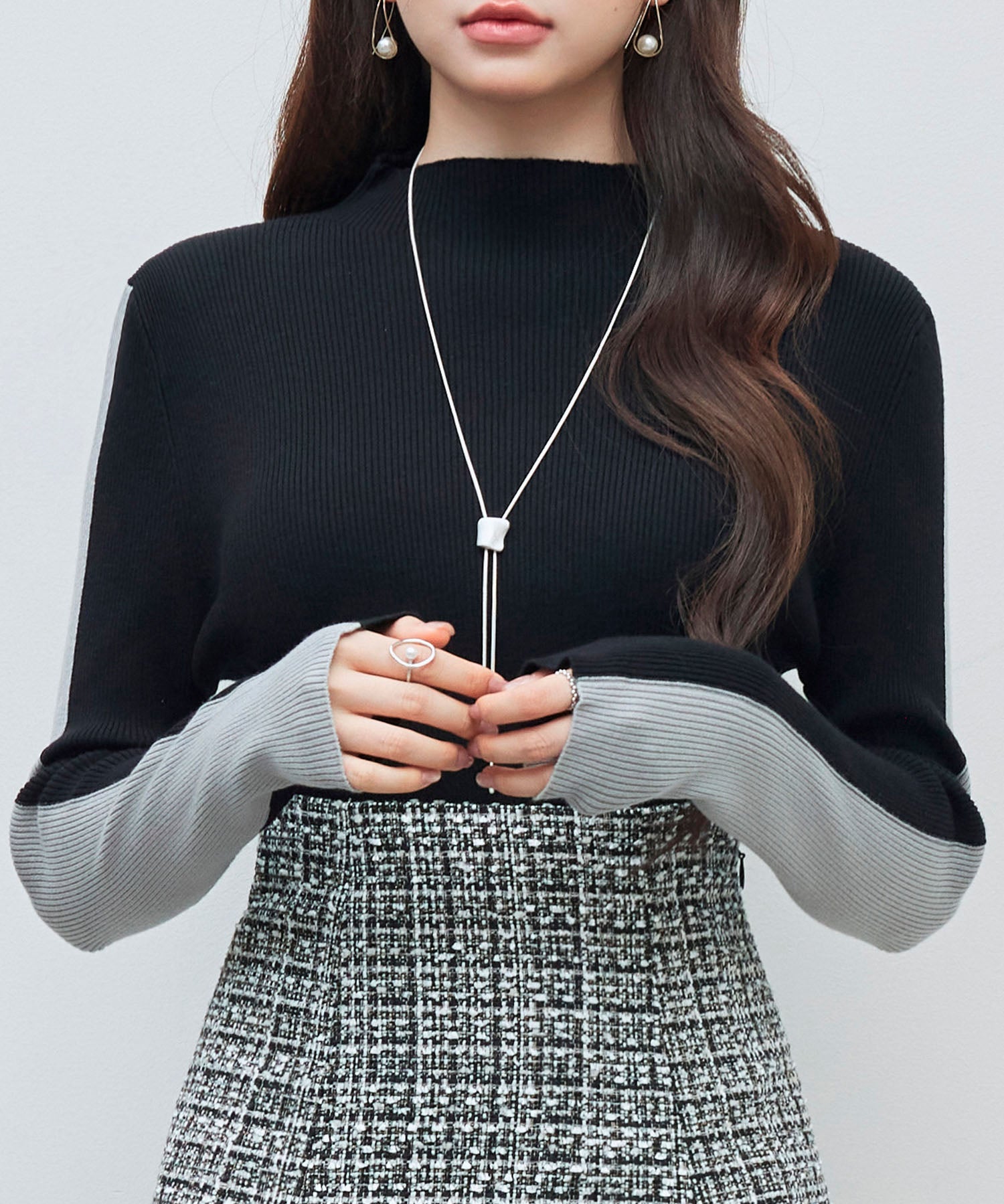 袖配色 ボトル・ネックリブニットプルオーバーsdp8075 ブラック