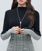 袖配色 ボトル・ネックリブニットプルオーバーsdp8075 ブラック