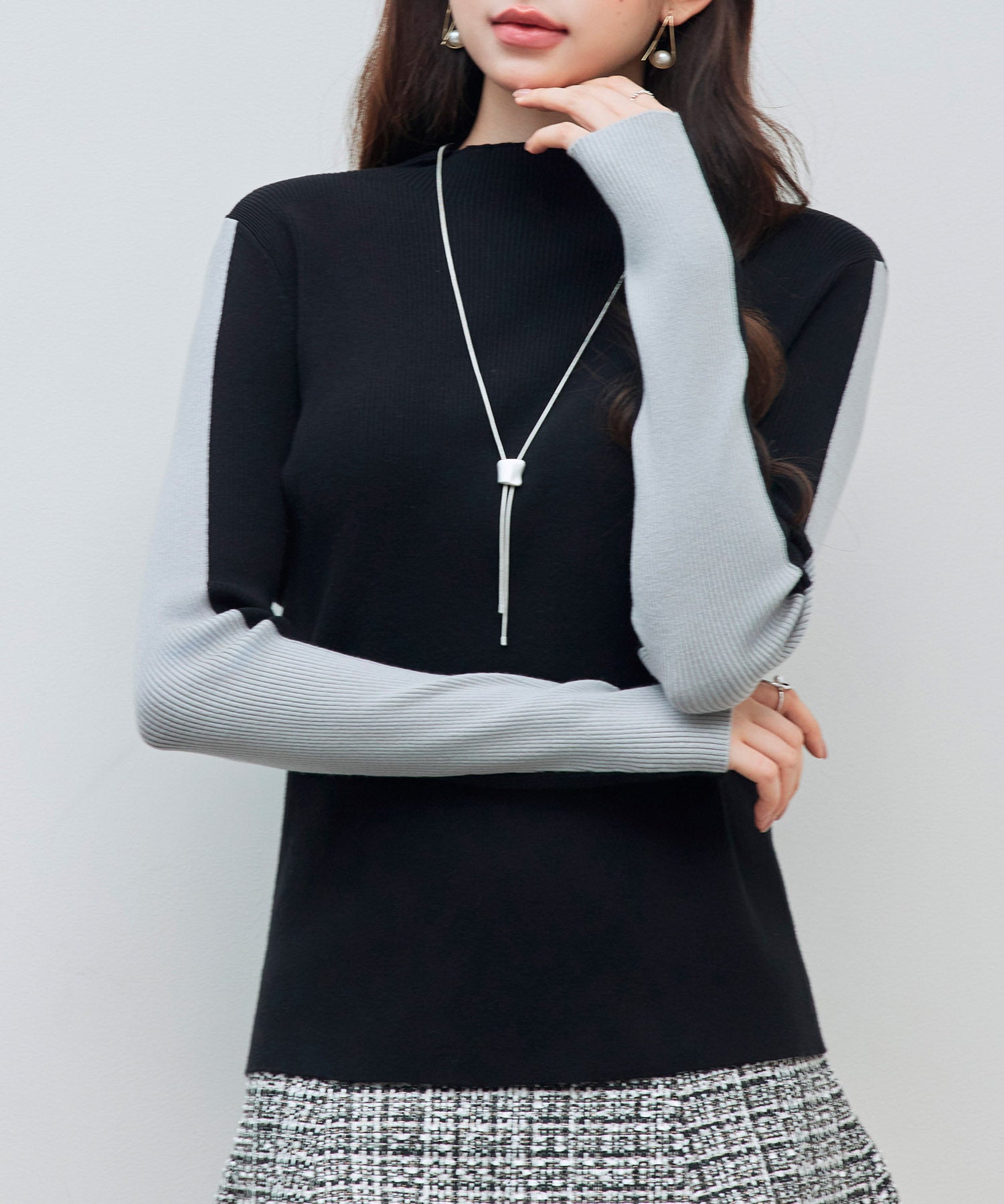 袖配色 ボトル・ネックリブニットプルオーバーsdp8075 ブラック