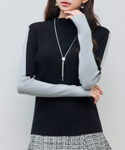 袖配色 ボトル・ネックリブニットプルオーバーsdp8075 ブラック