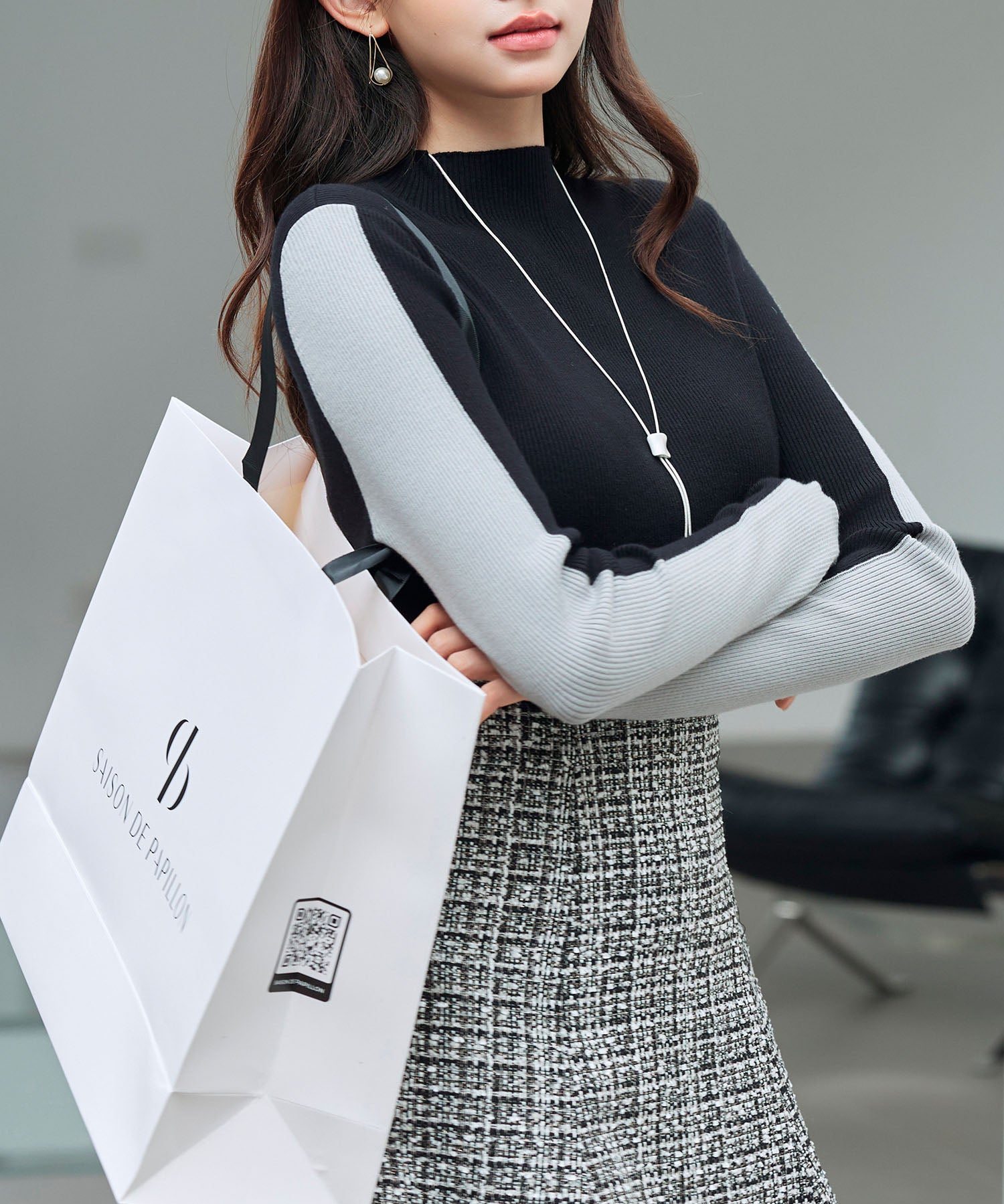 袖配色 ボトル・ネックリブニットプルオーバーsdp8075 ブラック