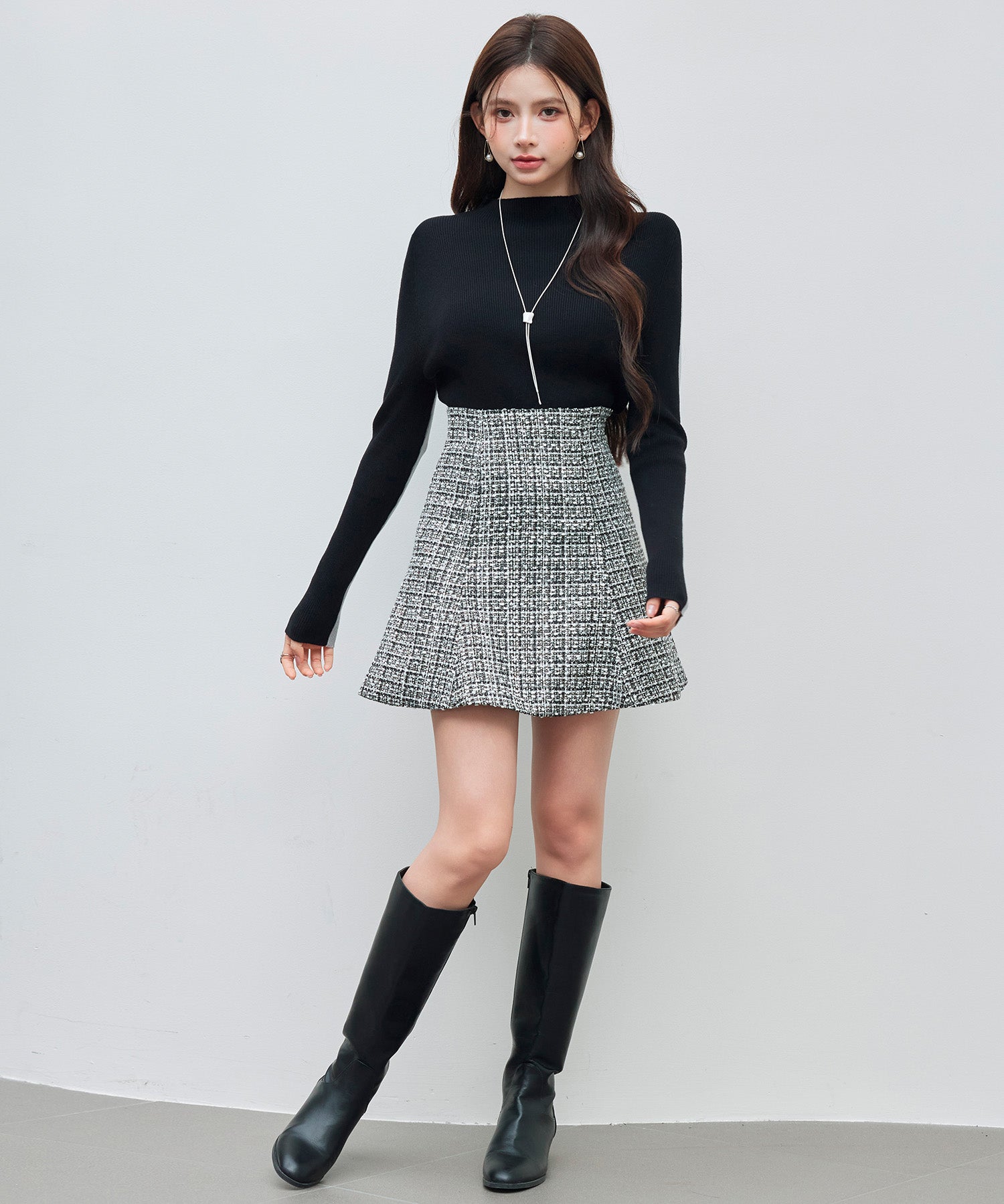 袖配色 ボトル・ネックリブニットプルオーバーsdp8075 ブラック