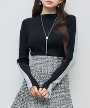 袖配色 ボトル・ネックリブニットプルオーバーsdp8075 ブラック