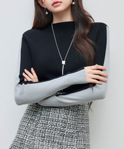 袖配色 ボトル・ネックリブニットプルオーバーsdp8075 ブラック