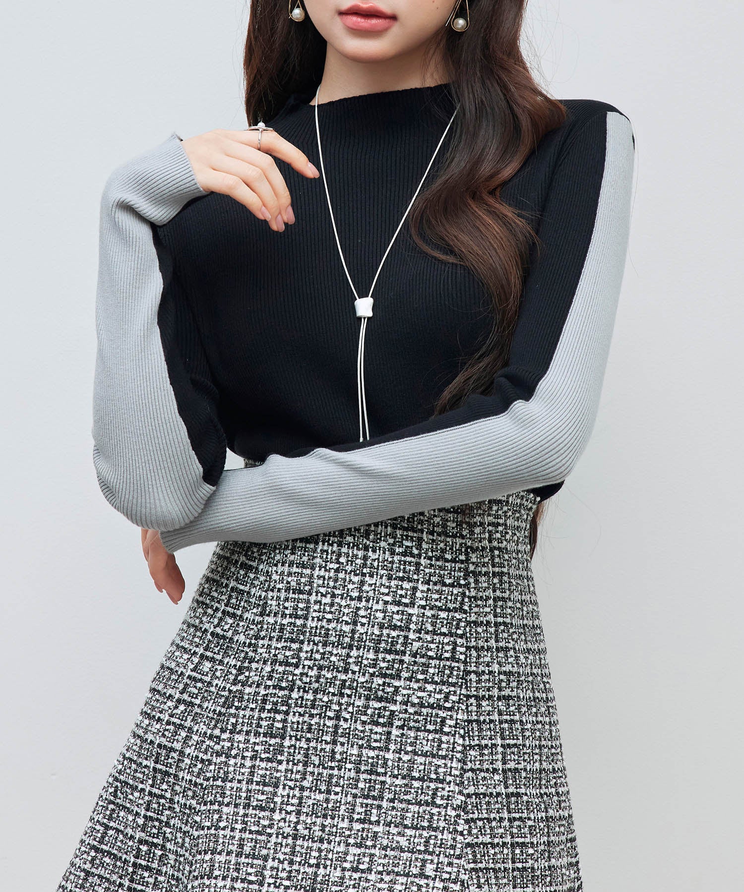 袖配色 ボトル・ネックリブニットプルオーバーsdp8075 ブラック