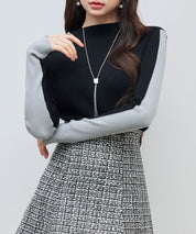 袖配色 ボトル・ネックリブニットプルオーバーsdp8075 ブラック