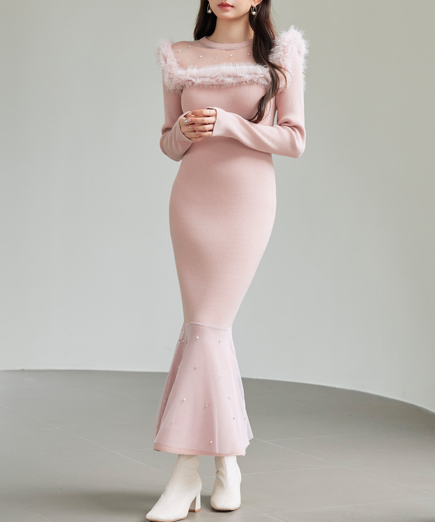 パール付きチュールドッキングマーメイドニットワンピースsdp8076