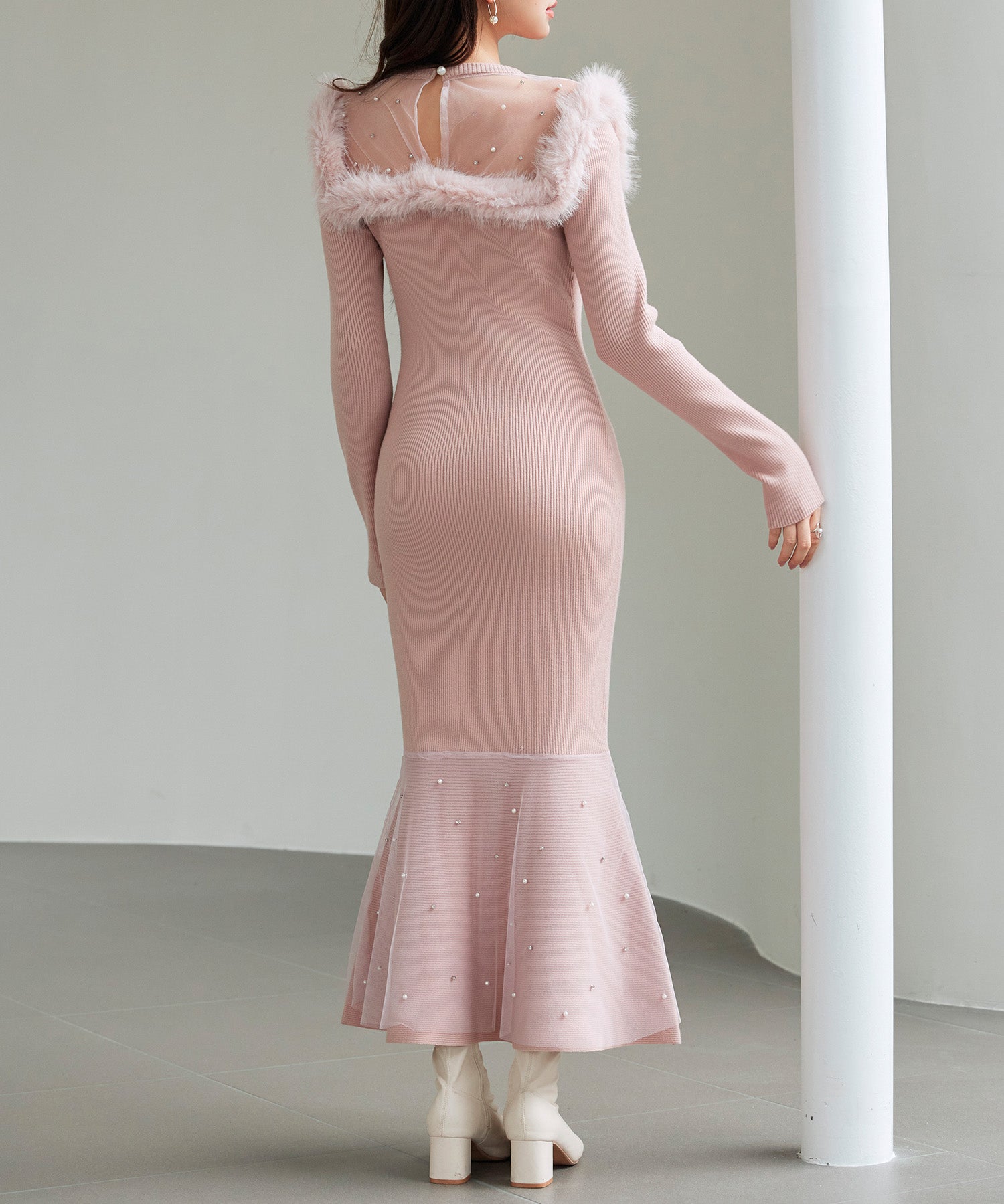 パール付きチュールドッキングマーメイドニットワンピースsdp8076 ピンク