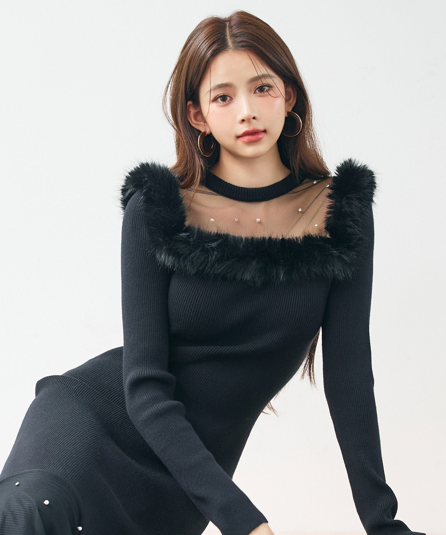 パール付きチュールドッキングマーメイドニットワンピースsdp8076 ブラック