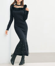 パール付きチュールドッキングマーメイドニットワンピースsdp8076 ブラック