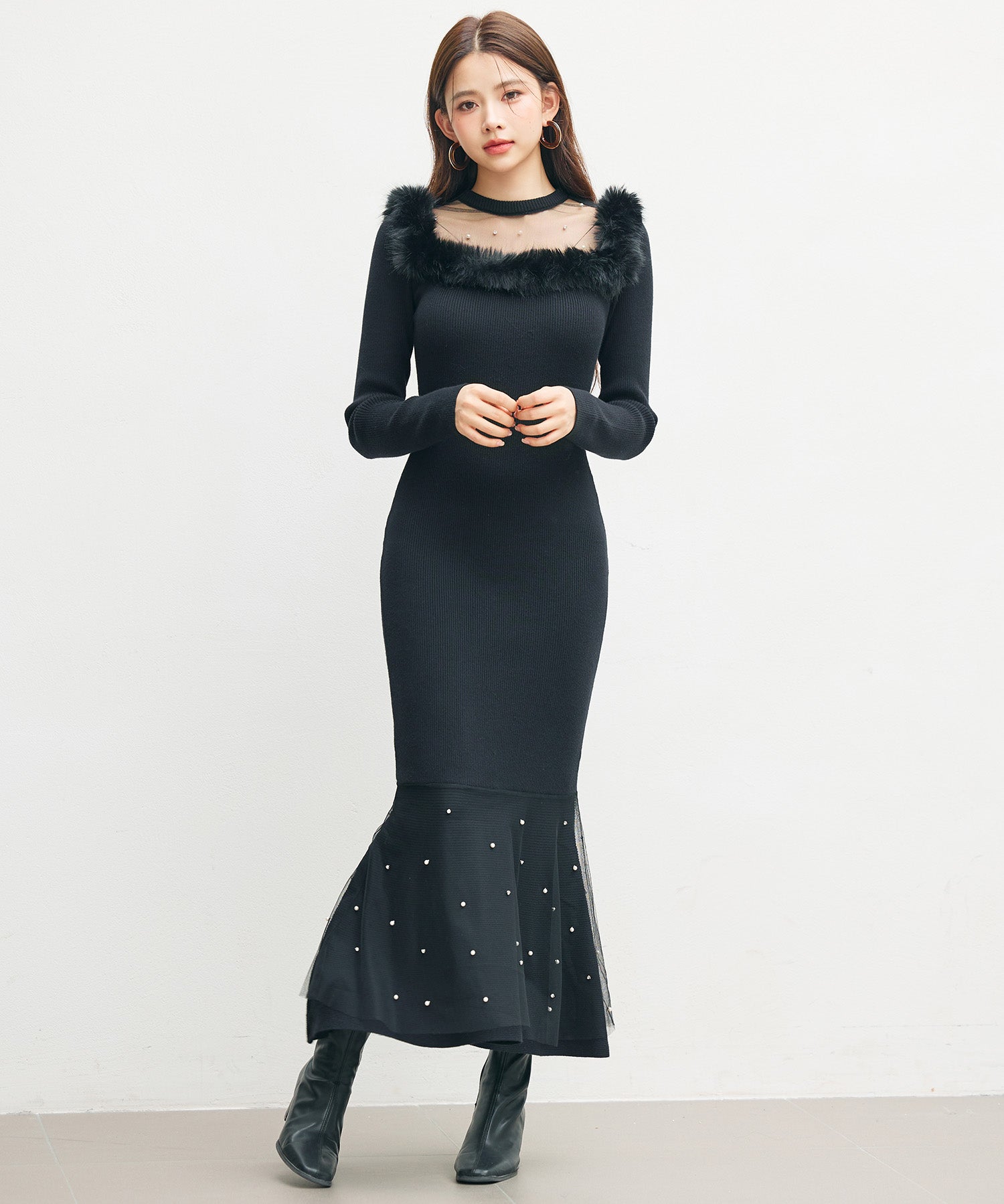 パール付きチュールドッキングマーメイドニットワンピースsdp8076 ブラック