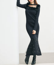 パール付きチュールドッキングマーメイドニットワンピースsdp8076 ブラック