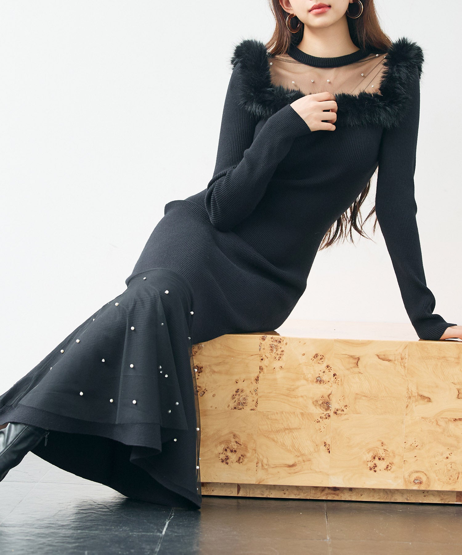 パール付きチュールドッキングマーメイドニットワンピースsdp8076 ブラック