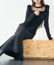 パール付きチュールドッキングマーメイドニットワンピースsdp8076 ブラック