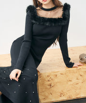 パール付きチュールドッキングマーメイドニットワンピースsdp8076 ブラック