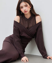 ドッキングカシュクールマーメイドニットワンピースsdp8077 チョコ