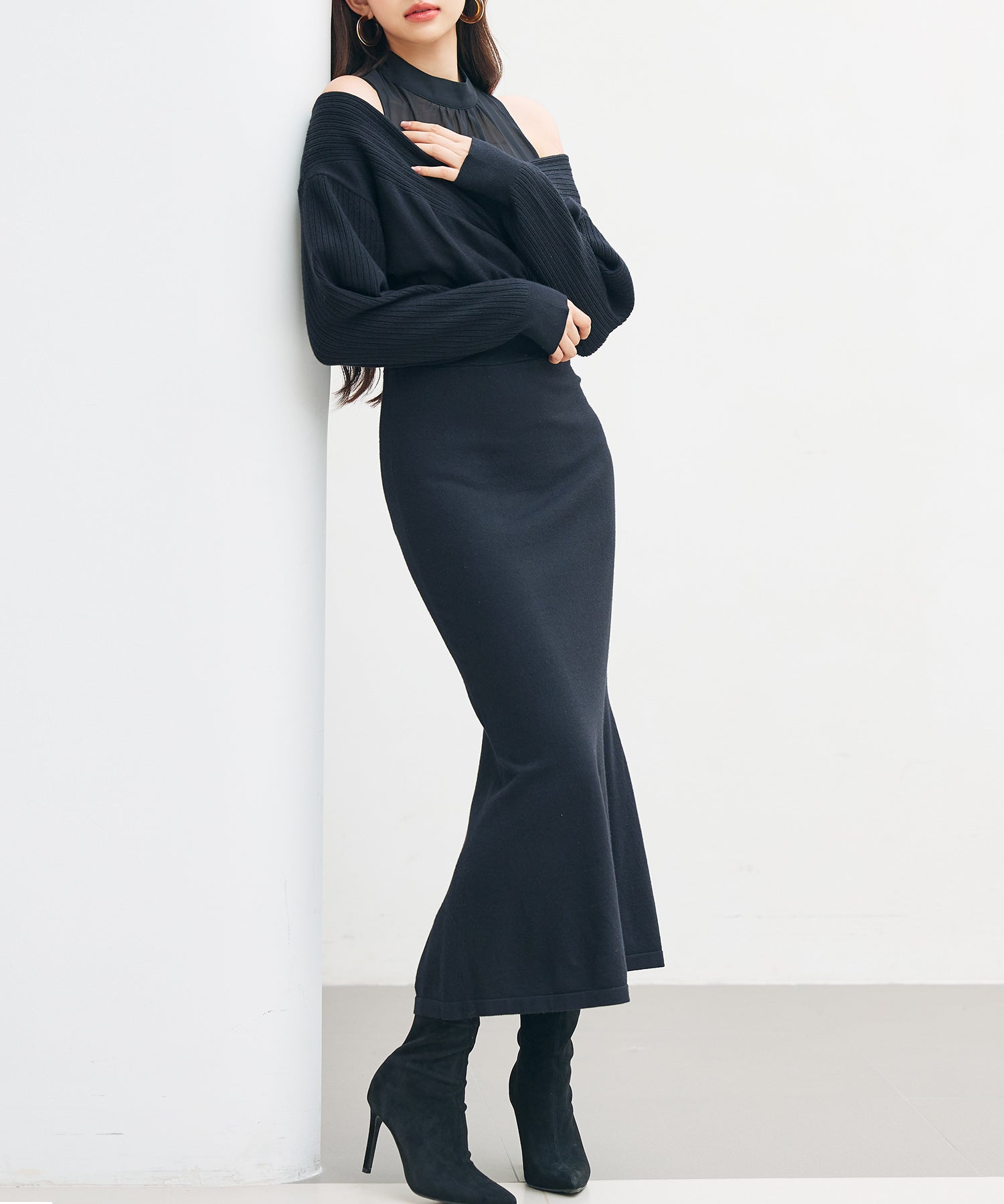 ドッキングカシュクールマーメイドニットワンピースsdp8077 ブラック