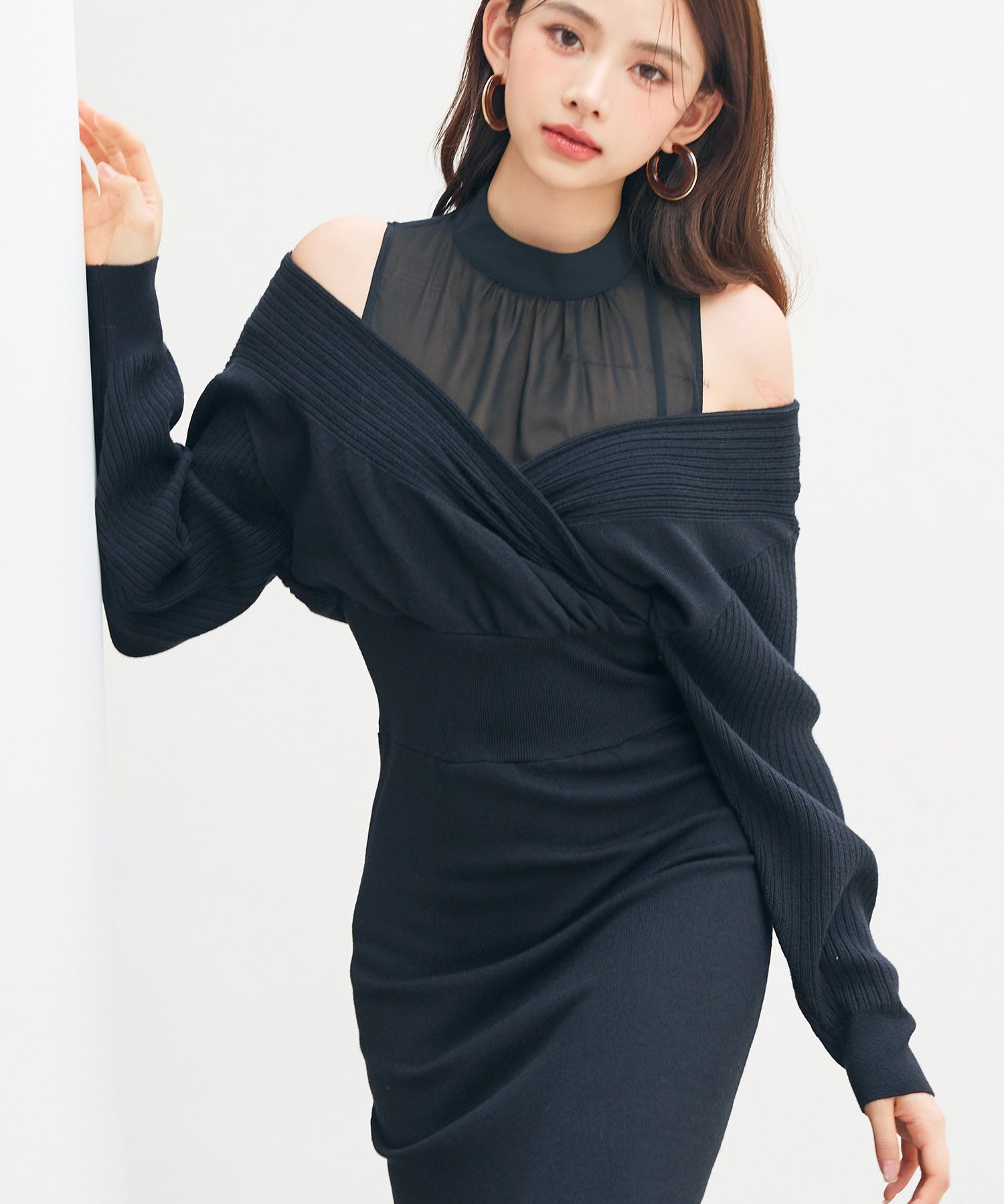 ドッキングカシュクールマーメイドニットワンピースsdp8077 ブラック