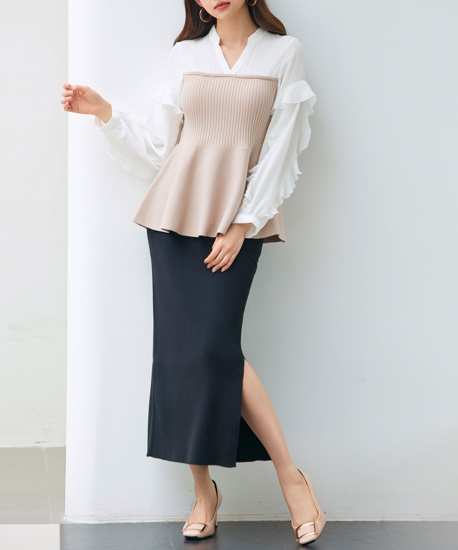 ニットビスチェドッキングペプラムブラウンsdp8079 ベージュ