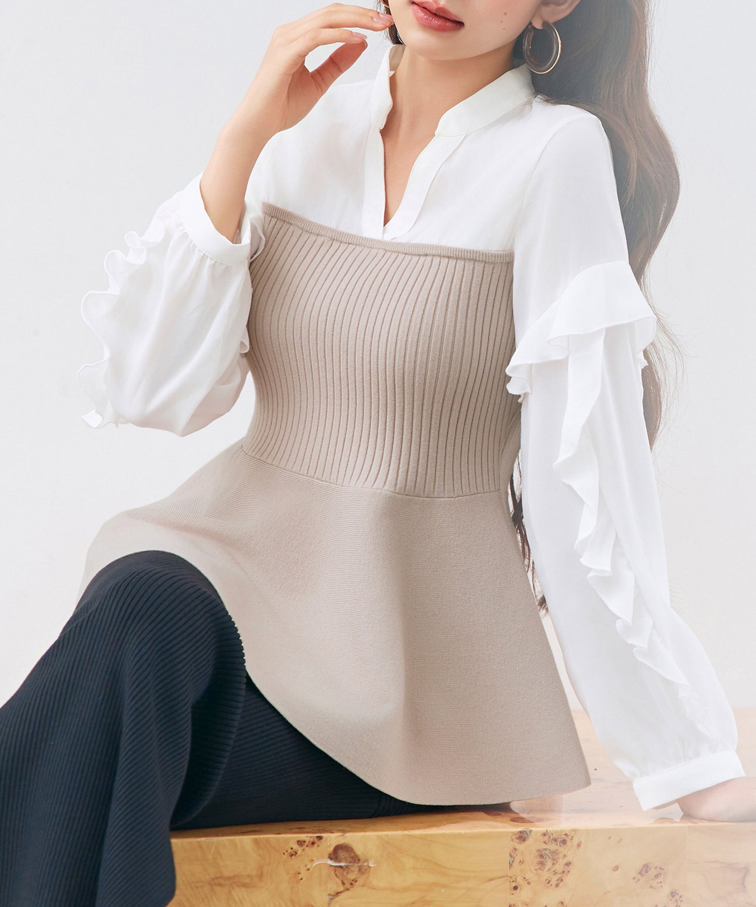 ニットビスチェドッキングペプラムブラウンsdp8079 ベージュ