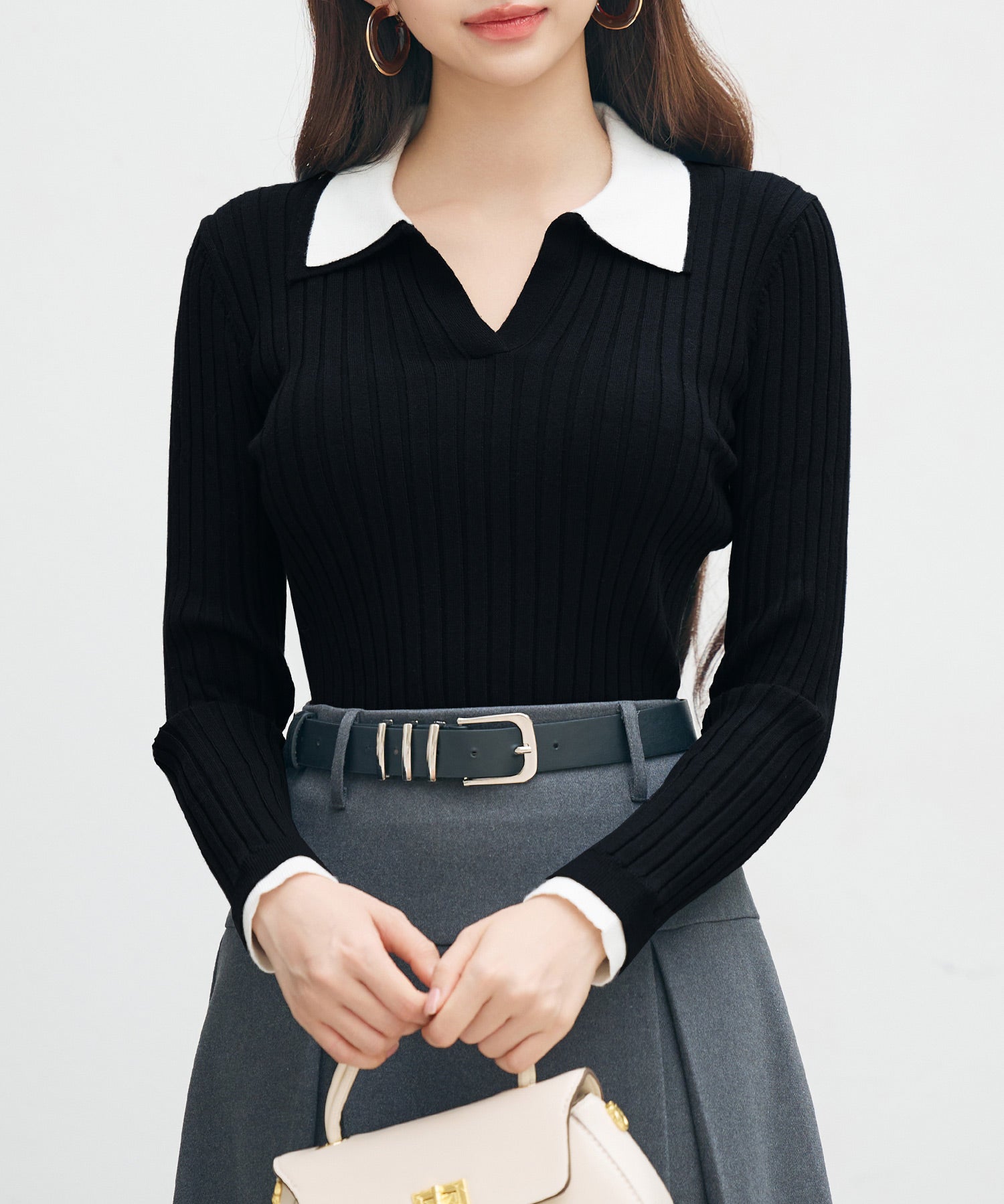 レイヤー配色カラーリブニットsdp8083 ブラック