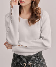 ジュエルネックラメ入り長袖ニットトップスsdp8087 アイボリー