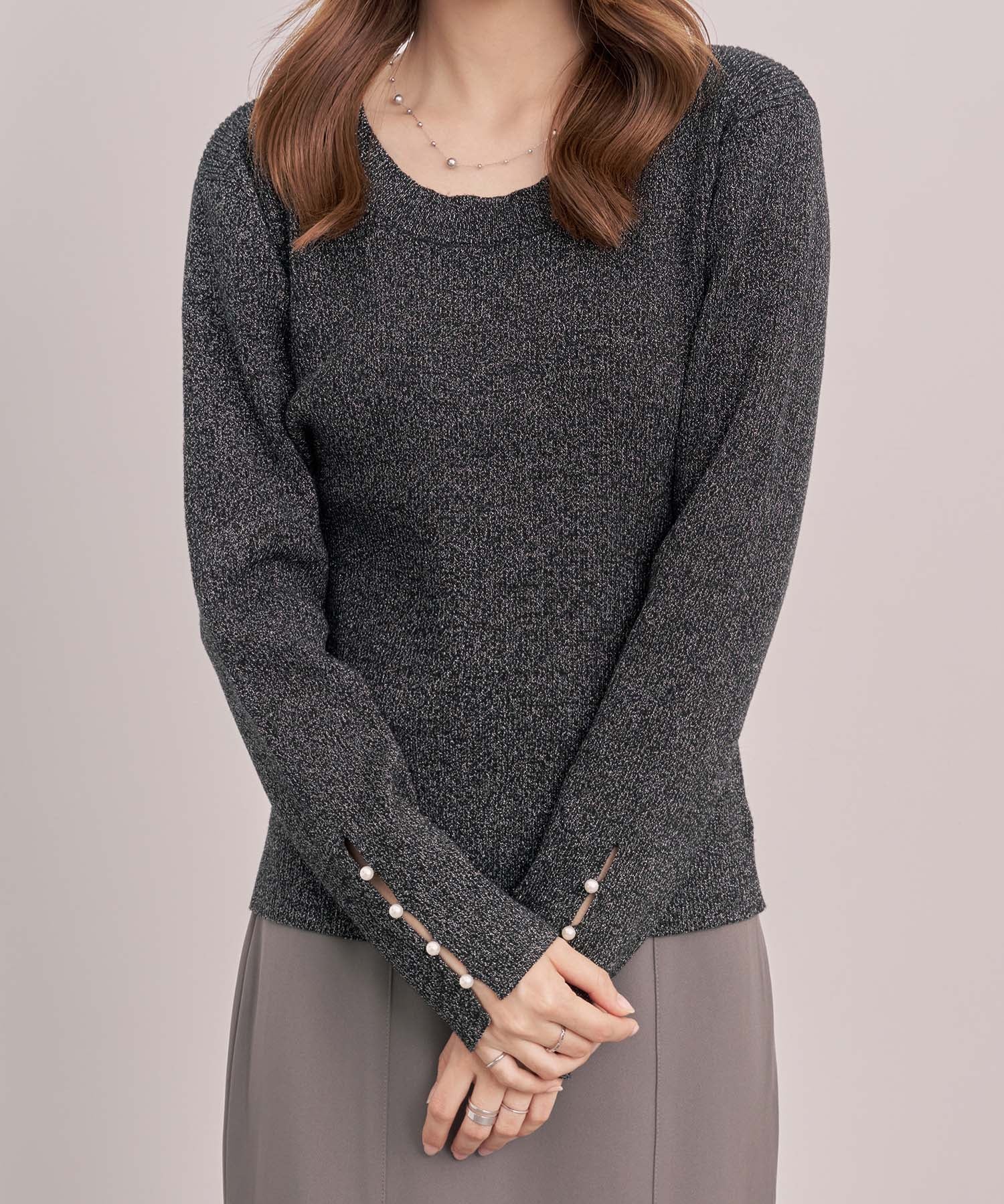 ジュエルネックラメ入り長袖ニットトップスsdp8087 ブラック