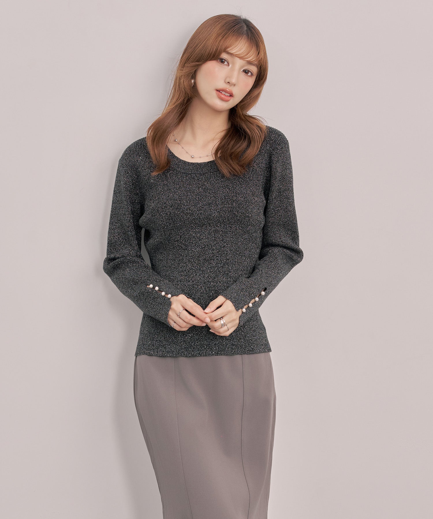 ジュエルネックラメ入り長袖ニットトップスsdp8087 ブラック