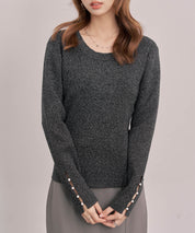 ジュエルネックラメ入り長袖ニットトップスsdp8087 ブラック