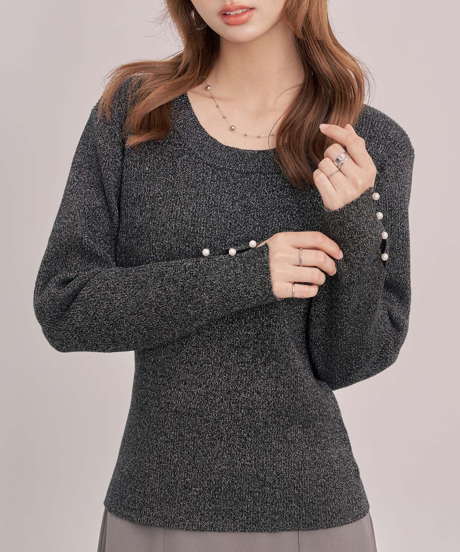 ジュエルネックラメ入り長袖ニットトップスsdp8087 ブラック