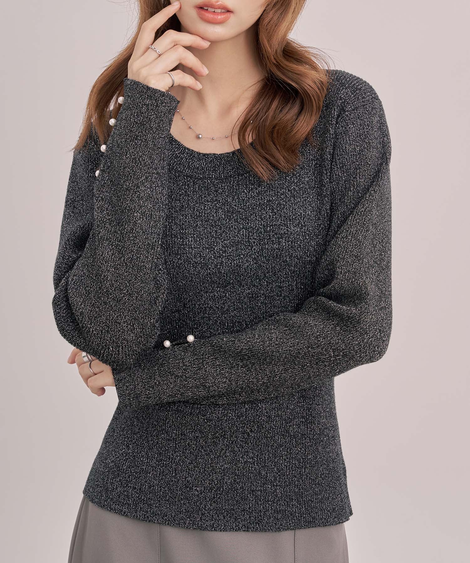 ジュエルネックラメ入り長袖ニットトップスsdp8087 ブラック