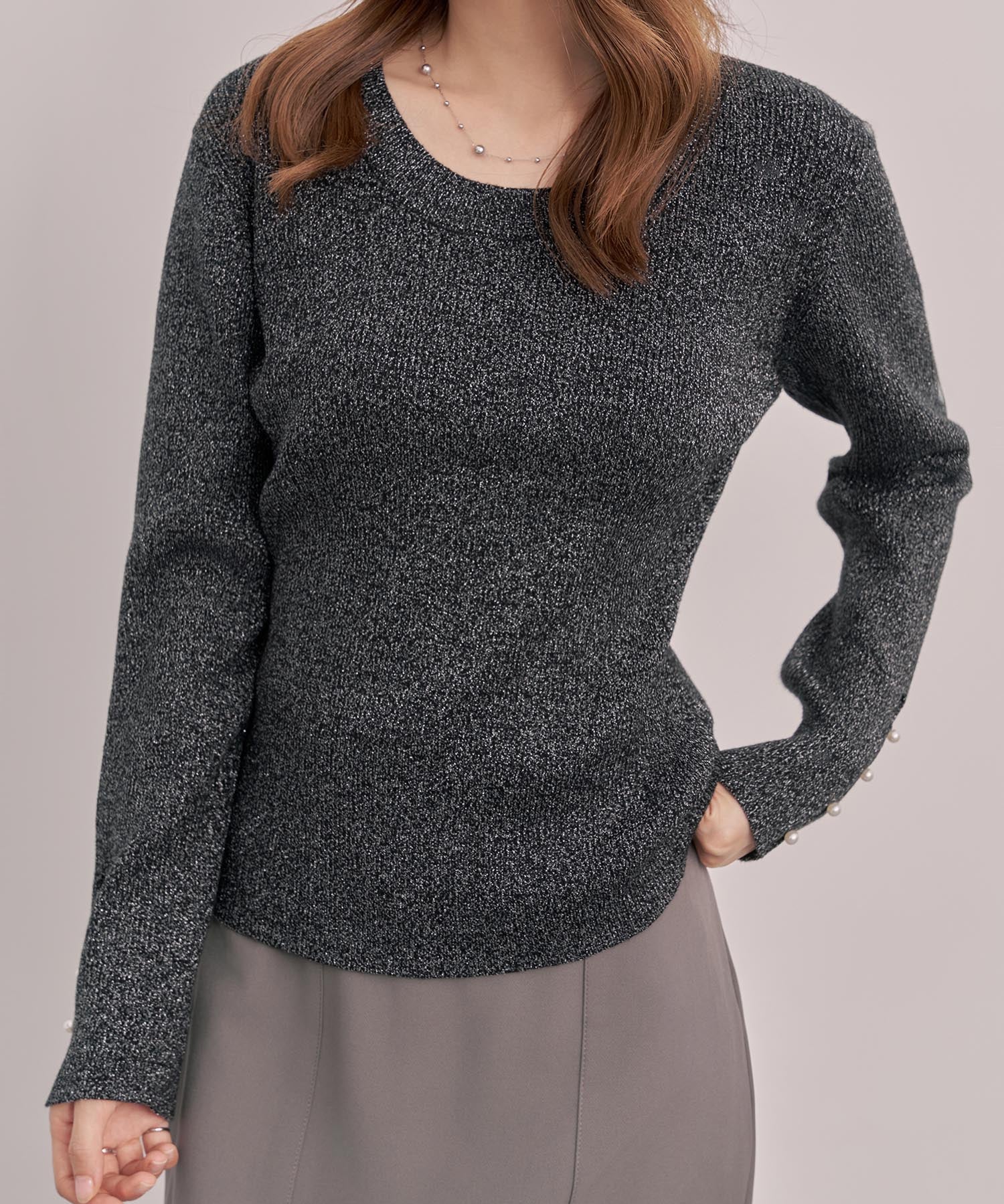 ジュエルネックラメ入り長袖ニットトップスsdp8087 ブラック