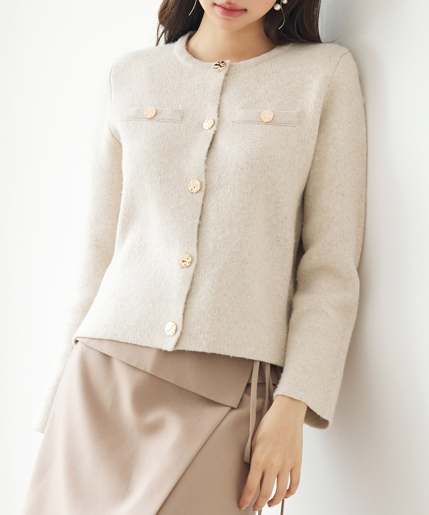 ノーカラーショート丈ニットカーディガンsdp8092 ベージュ