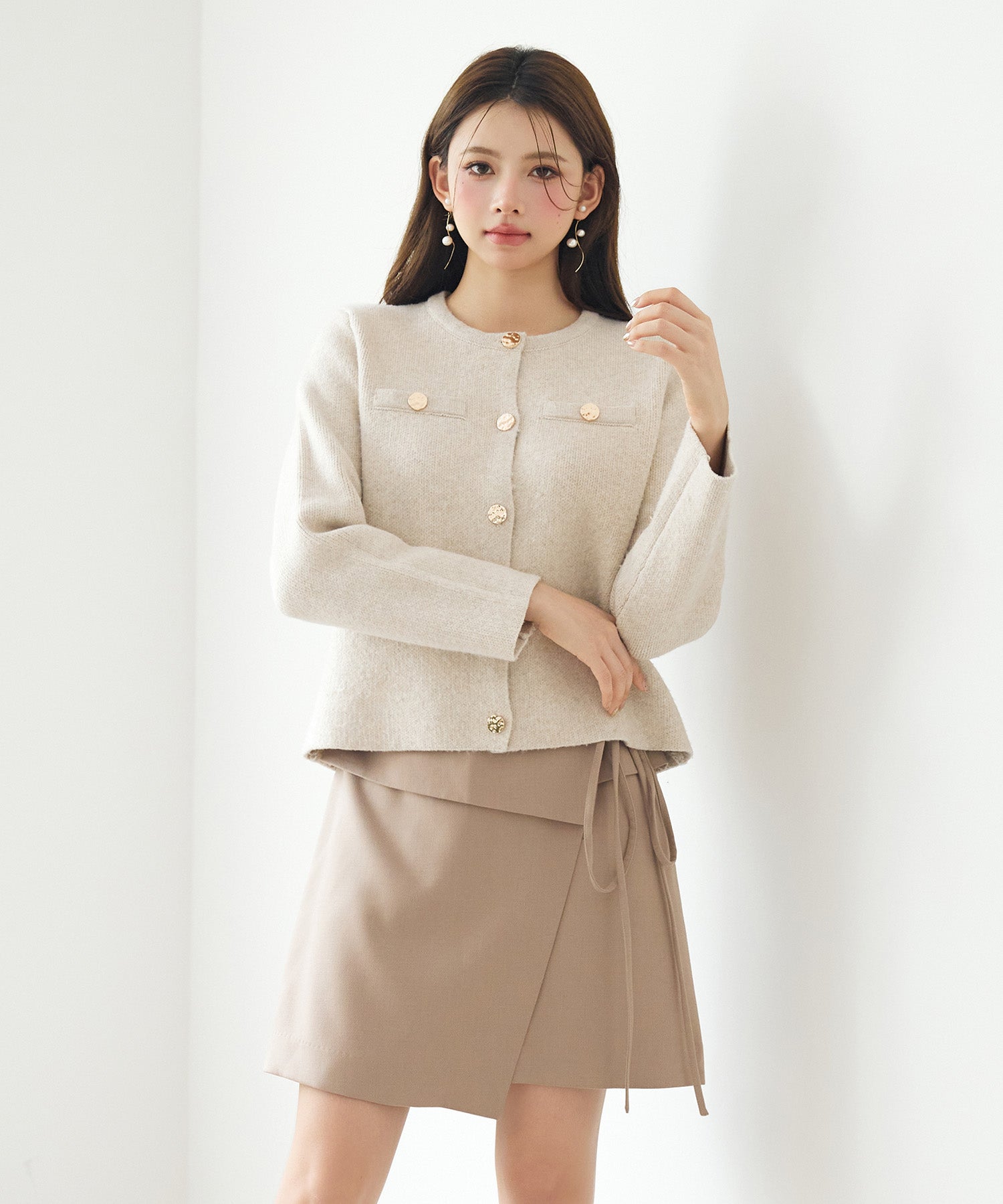 ノーカラーショート丈ニットカーディガンsdp8092 ベージュ