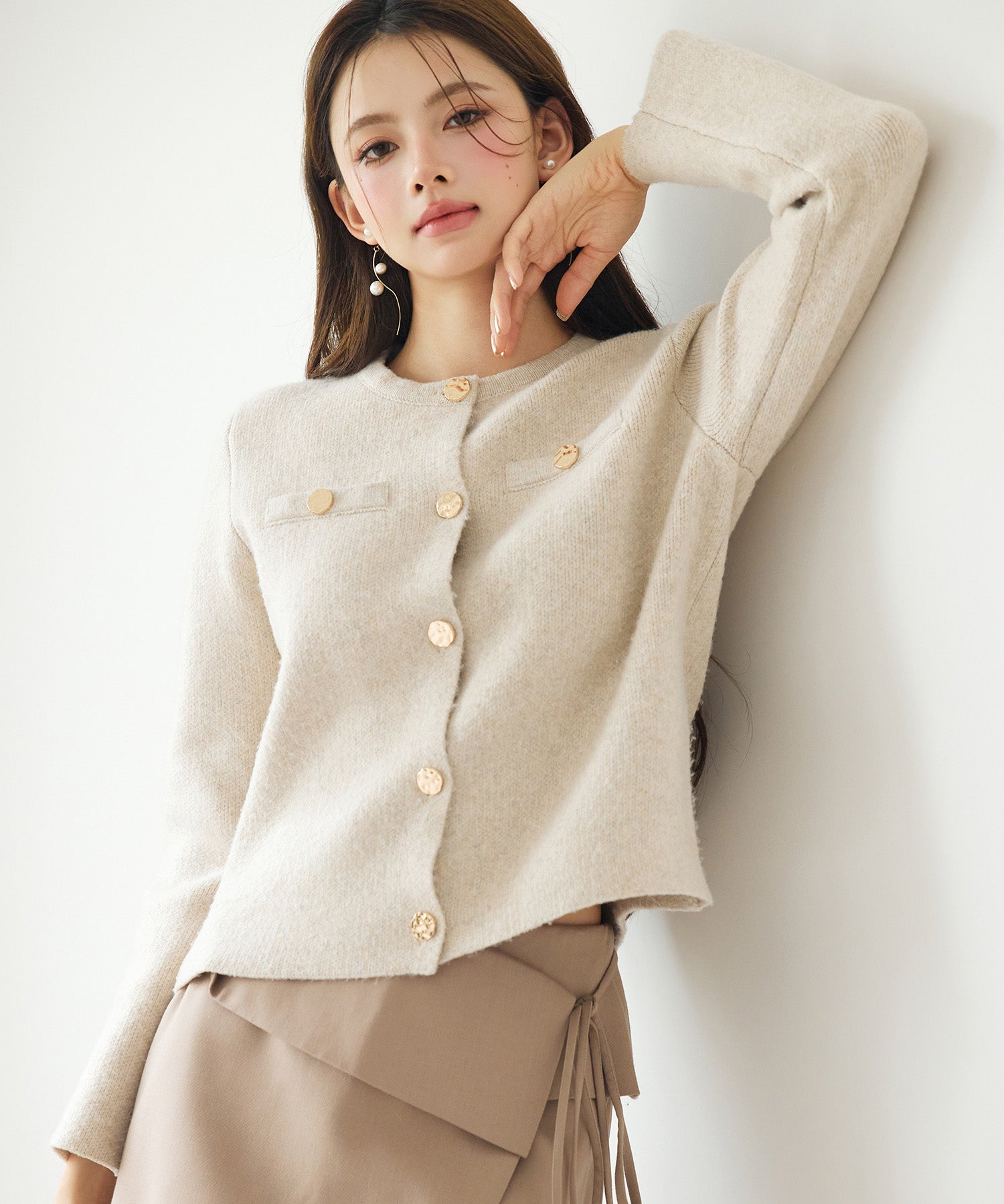 ノーカラーショート丈ニットカーディガンsdp8092 ベージュ