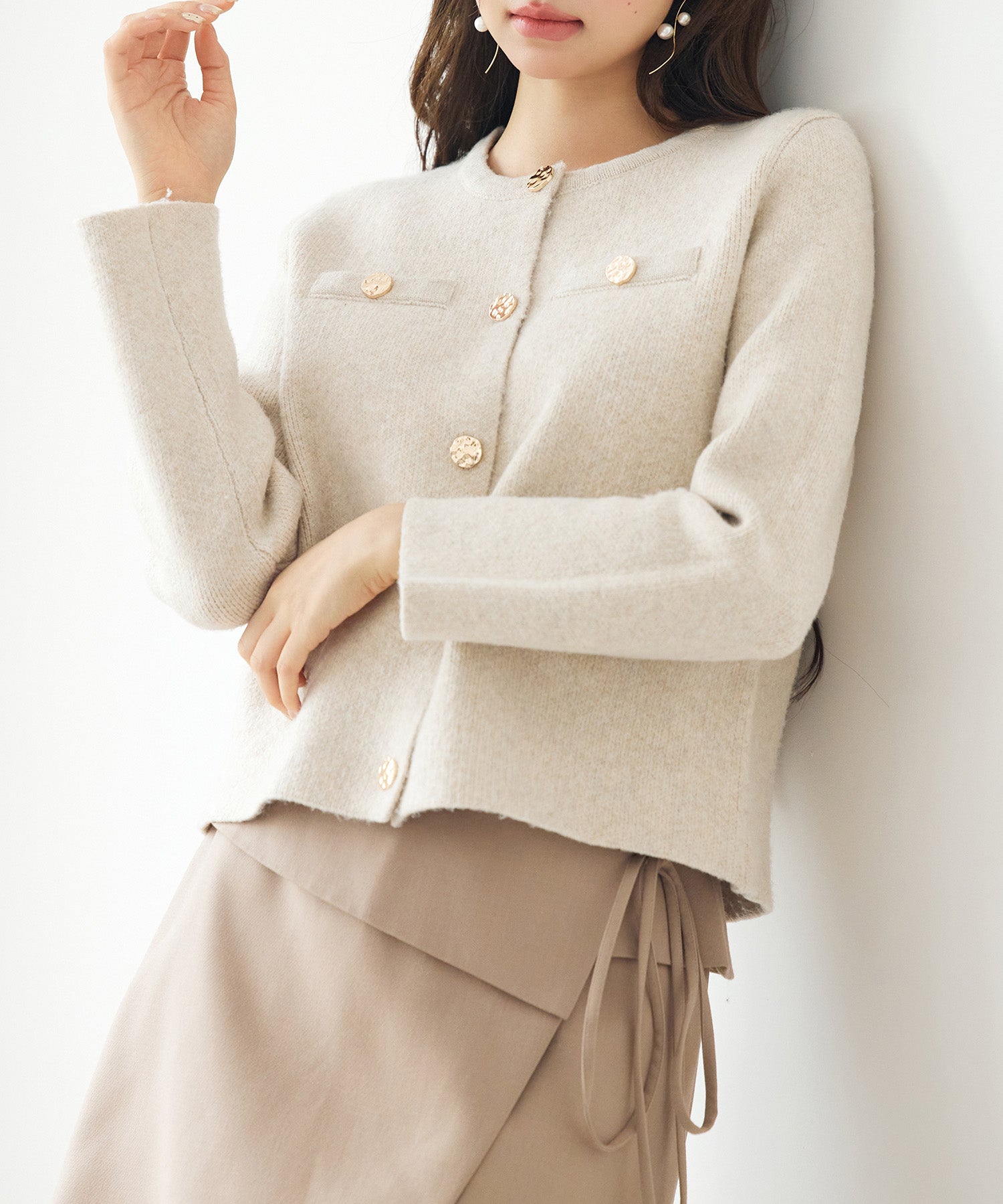 ノーカラーショート丈ニットカーディガンsdp8092 ベージュ