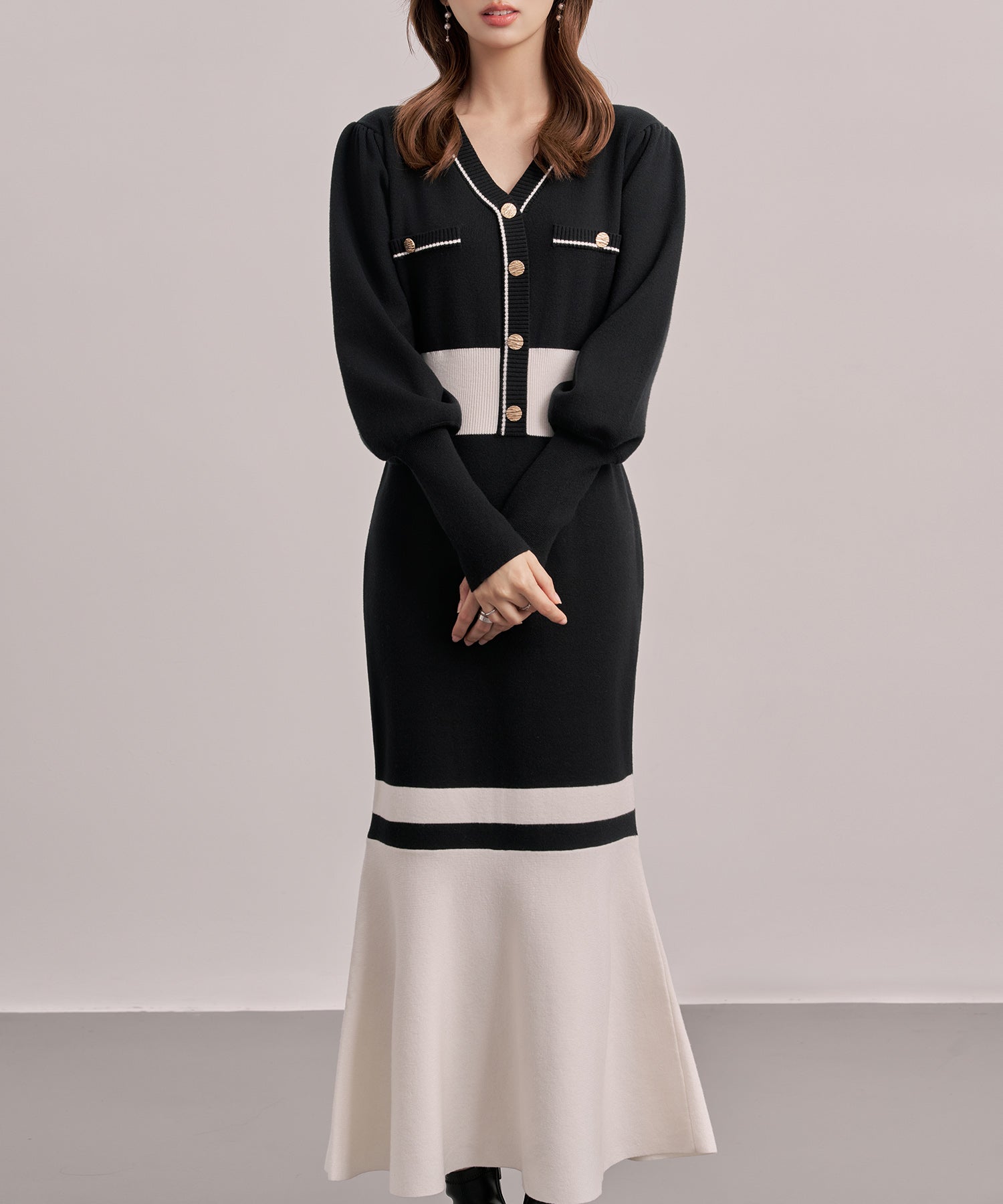 トランペットライン長袖ミディ丈配色ニットワンピース
sdp8103-102-8